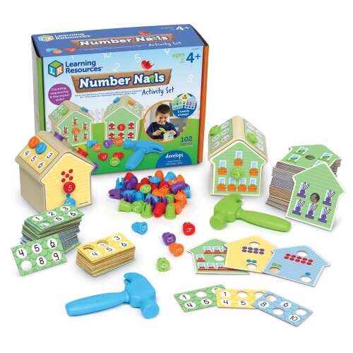 Learning Resources Number Nails Activity Set, забавна и образователна играчка за деца, която им помага да учат математика чрез построяване на къщи