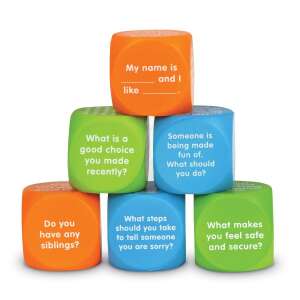 Learning Resources Let's Talk Cubes kostki do rozmowy dla dzieci, 6 kolorowych kostek z pytaniami o uczucia, umiejętności społeczne i samorozwoju - Gra rozwojowa dla dzieci w wieku szkolnym