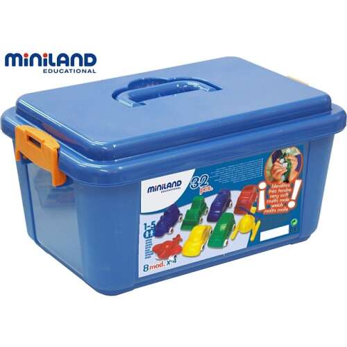 Miniland Minimobil 32 darabos játék járművek készlet kék tároló dobozban fedéllel és fogantyúval