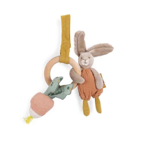 Moulin Roty wooden ring toy with bunny and carrot, baby sensory toy