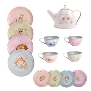 Moulin Roty Les Rosaries tea set, a set of metal teacups, saucers, teapot, and tray with animal illustrations - Toy kitchen tool