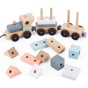 UMU Toys Holz Zug mit Blöcken, 18 Teile, Zugspielzeug, Stapelspielzeug, Bauspielzeug, Montessori Spielzeug, für Kleinkinder, Kinder - UMU Toys