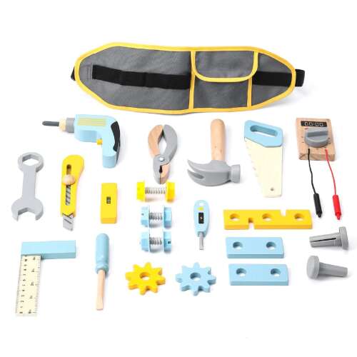 Little Big Craftsman Tool Belt Set, 25 piece wooden toy tool set for kids, includes hammer, saw, screwdriver, wrench, drill, pliers, ruler, and more, UMU Toys