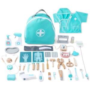 UMU Toys Doctor's Kit Play Set, 36 pieces wooden doctor and dentist tools, medical playset for kids, includes doctor coat and hat, stethoscope, dental mold, thermometer, forehead thermometer, blood pressure monitor, working tools, pretend play, learn through play, cognitive and motor skills development, role-playing, doctor's kit, dentist's kit, medical toys, pretend play toys, kids toys - Doctor Playset