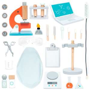 UMU Toys Science Lab Kit, wooden toy lab set with microscope, beakers, tweezers, digital scale, notebook, and more - Doctor Playset
