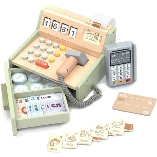 UMU Toys wooden cash register toy with scanner, POS, drawer, play money and credit cards, pretend play for kids