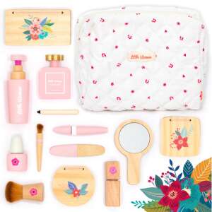 Wooden pretend play makeup set for kids, 17 pieces, includes cosmetic bag, perfume, lipstick, nail polish, brushes, and more, UMU Toys - Vanity Table, Makeup Set, Fragrance
