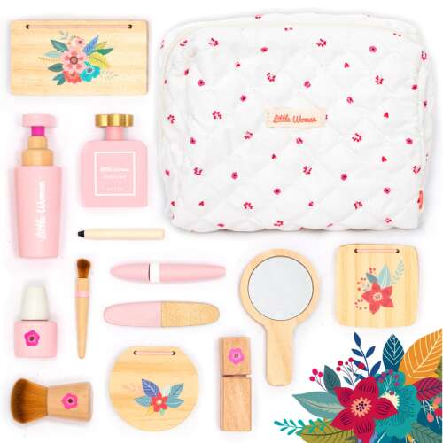 Wooden pretend play makeup set for kids, 17 pieces, includes cosmetic bag, perfume, lipstick, nail polish, brushes, and more, UMU Toys