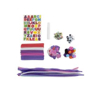Conținut Grafix Mega Craft Bag: autocolante alfabet, baton de lipici, paiete, ochi mobili, pompoane, forme de spumă și sârmă plușată - Grafix
