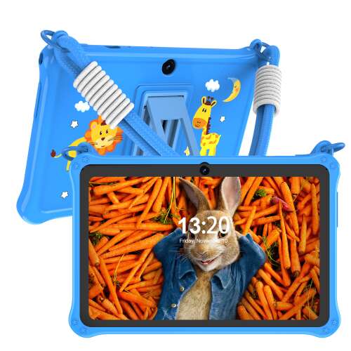 ILIKE 7 inch Kids Tablet with protective case, blue color, featuring a cartoon design with animals, showing a close-up of the tablet's front and back