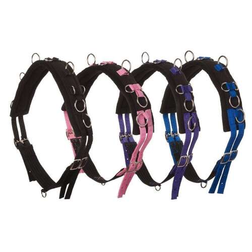 HB Futószáras heveder, fekete lóhám rózsaszín, kék és lila szíjjal, mini shetland és shetland lovak számára