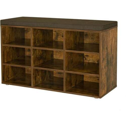 Rustikalna smeđa klupa za cipele s podstavljenim sjedalom i 9 pretinaca za pohranu.