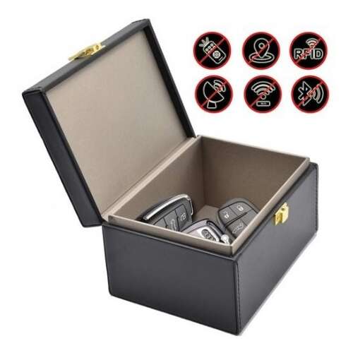 Black leather Faraday box for car key and phone protection, open with car keys inside