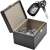 Black leather Faraday box for car key and phone protection, open with car keys inside
