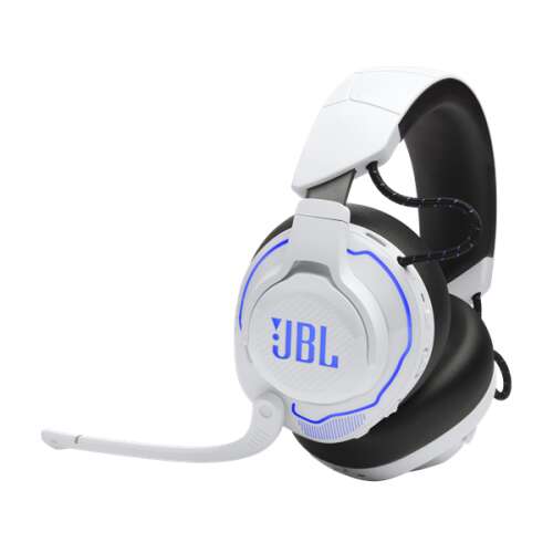JBL Quantum 910P vezeték nélküli gamer headset, fehér és kék, dőlt nézet - Gamer fejhallgató