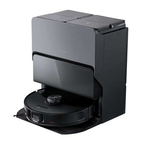 Roborock S8 MaxV Ultra robot vacuum cleaner and docking station, angled view