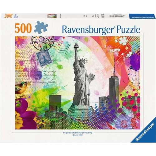 Ravensburger 500 darabos kirakó, New York-i képeslap kollázs a Szabadság-szoborral és más ikonikus látnivalókkal - Ravensburger