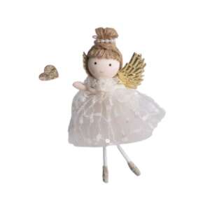 13cm-es Akasztós Angyal Karácsonyi Dísz - Arany Szárnyak, Fehér Ruha, Szív - Szezonális dekoráció
