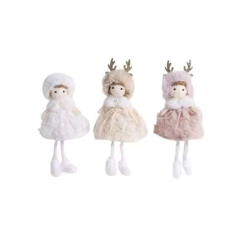 3 db felakasztható karácsonyi lány bábu szett, rénszarvas aganccsal, fehér, bézs és rózsaszín