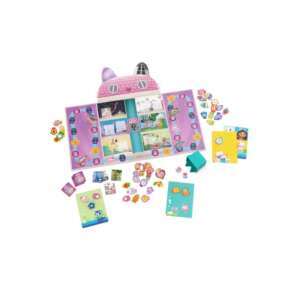 Spin Master Gabby baba házikója: Bájoló gyűjtemény társasjáték. A játéktábla és a játékelemek szétszóródva, a játékmenet bemutatásával. - Spin Master