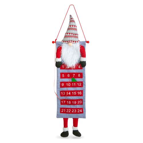 Nástenný adventný kalendár - 3D škandinávsky gnom - textil - 100 x 28 cm. Vianočný adventný kalendár roztomilým gnomom, ideálny pre deti. 24 vrecká na malé darčeky.