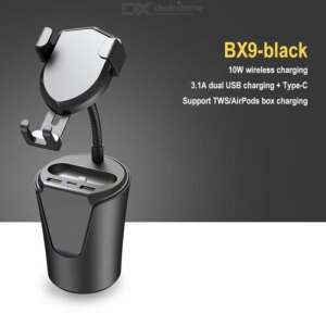 BX9 black car cup holder with wireless charging, dual USB ports, and Airpods charging connector - Car Phone Holder
