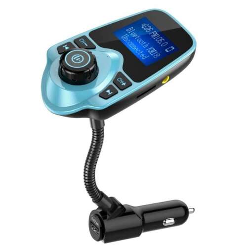 Blauer Bluetooth FM-Sender mit LCD-Display, USB-Ladeanschluss und Mikrofon für Freisprechen im Auto