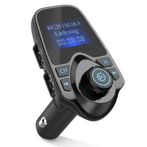 Black Bluetooth FM transmitter with LCD display, dual USB ports, and a rotary control knob for hands-free calling and music playback in your car - Car electronic