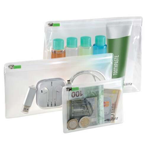 Leitz Complete Zip travel organizer bags, set of 3, clear, waterproof, for toiletries, electronics, and other travel essentials