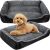 Purlov black and grey dog bed with a dog inside and empty.