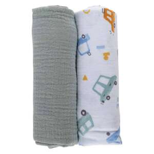 Bubaba muszlin pelenkák, 2 db, 70x70cm, menta és fehér autó mintás - Textil pelenka