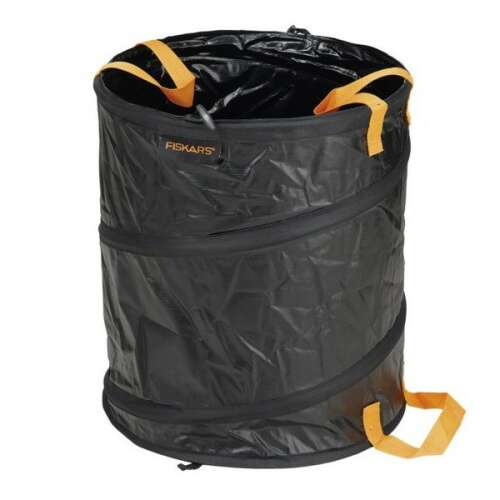 Fiskars SOLID 56L garden collection bag, black with orange handles, unfolded