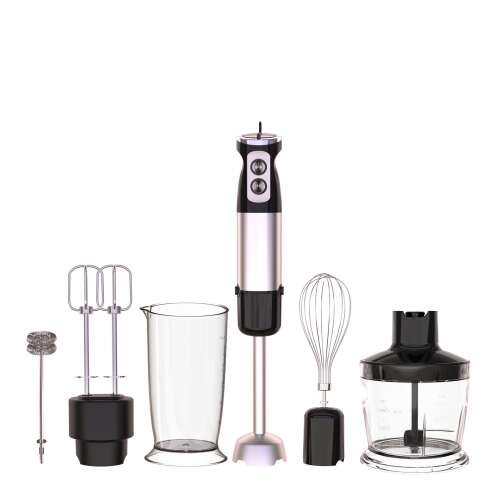 Set blender vertical profesional Glory HB-8001 6 in 1, lame din otel inoxidabil, putere 600W, funcționare silențioasă, 12 trepte de viteză, funcție turbo, pahar 600ml, tocator 500ml, spumator lapte