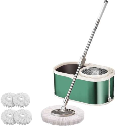 Arvada MagicClean Edelstahl Spin-Mop-Eimer-Set mit 360°-Drehung, ovaler Eimer, Größe 42x26x22cm, glänzende Oberfläche, Abflussloch, 4 Nachfüllungen
