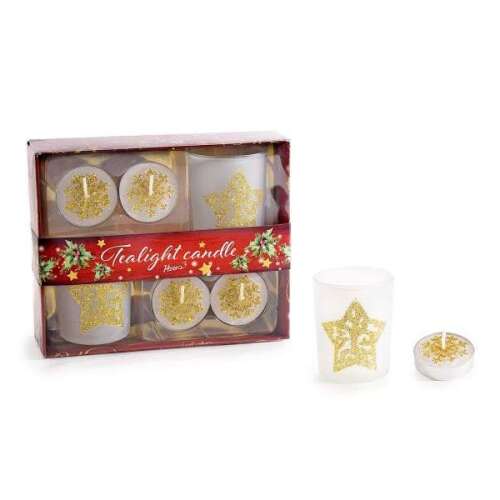 Karácsonyi üveg mécsestartó teamécsesekkel szett - 6 darabos - díszdobozos