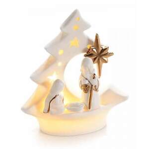 Kerámia Betlehem dekoráció LED fénnyel, fehér és arany - Nonbrand Karácsonyi dekoráció