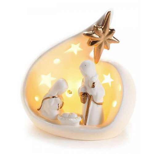 Kerámia Betlehem dekoráció LED fénnyel, fehér és arany színben