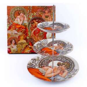Mucha 3 emeletes porcelán süteményes tál - Topáz, fehér 110115474 - Mucha