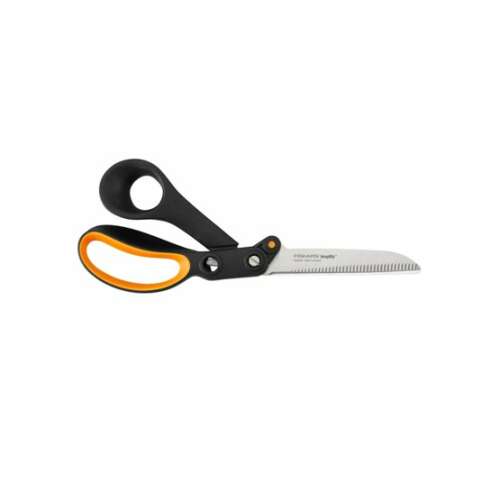 Fiskars Amplify Schwerlast-Schere, 24 cm, schwarz-orangefarbene Griffe, zum Schneiden von dicken Materialien
