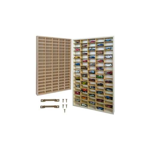 Fa játéktároló polc 90 rekesszel, összeszerelt és szétszerelt nézet, fali rögzítőelemekkel