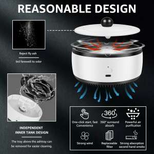 Többfunkciós hamutartó beépített levegőtisztítóval, levehető belső tartállyal a könnyű tisztításhoz, cserélhető szűrővel és 360 fokos füstabszorpciós rendszerrel - Hamutartó