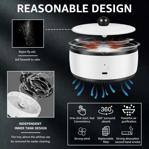 Többfunkciós hamutartó beépített levegőtisztítóval, levehető belső tartállyal a könnyű tisztításhoz, cserélhető szűrővel és 360 fokos füstabszorpciós rendszerrel