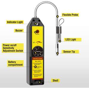 Detector de scurgeri de agent frigorific WJL-6000 cu lumină UV și lanternă. Caracteristici: sondă flexibilă, lumină LED, buzzer, ajustare sensibilitate și compartiment baterie. - Detectoare de fum