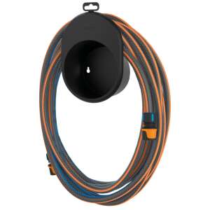 Fiskars hose reel with hose attached, black with orange and blue details - hoses