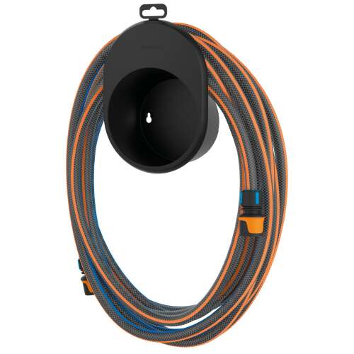 Fiskars hose reel with hose attached, black with orange and blue details
