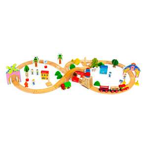 Ecotoys set de tren din lemn cu șine, clădiri și vagoane - Tren, element feroviar, autostradă