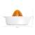 Fiskars Functional Form Citrus Juicer, orange and white, side view with dimensions
