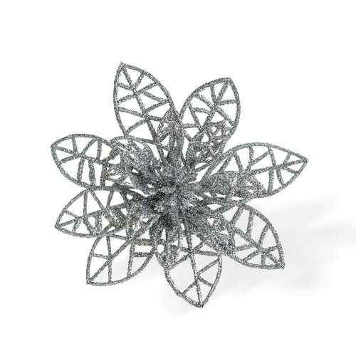 Karácsonyi dísz - csipeszes - glitteres virág - ezüst - 3 db / csomag (58947B) 110138043