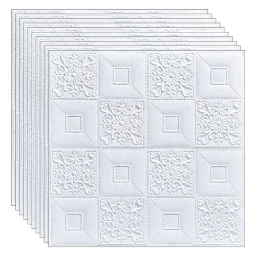 NEXTLY plăci de tapet autoadezive 3D, albe, 70x70 cm, set de 10 bucăți