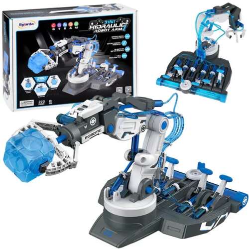 Set de construcție braț robotic hidraulic Byarda 220 buc. - Jucărie STEM pentru copii, 3 funcții într-una: gheare, ventuză și clește hidraulic